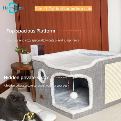 Cat Bed for Indoor Cats,Covered Cat Cave House & Furniture with Scratch Pad,Foldable Cat Hideaway Hut Cute Cat Condo with Soft Washable Mat for Multi Small Pet Under 30 lbs,Light Grey - Image 2