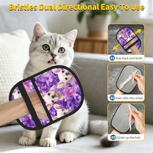 White French Bulldog Purple Floral Pet Hair Removal Glove For Cats Dogs - Image 7