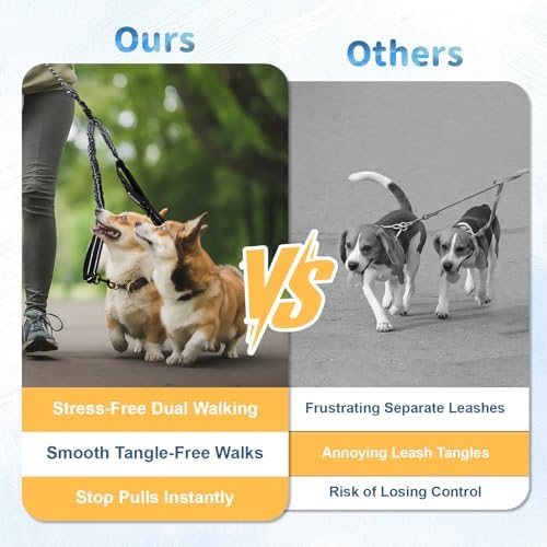 Double Dogs Leash - Removable Main Lead Rope with Splitter, No Tangle 2 Dog Coupler, Reflective No Pull Bungee, 3 Handle, D-Ring, Extra Long for Walk Train Medium Large Two Pet (Black) - Image 6