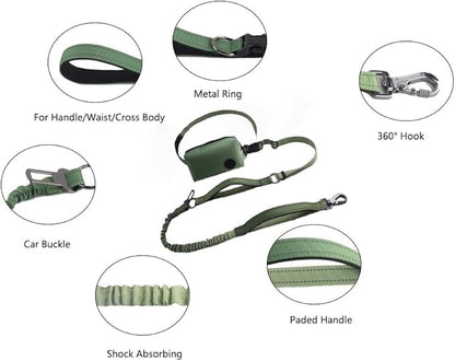 Hands Free Dog Leash for Large Medium Dogs Heavy Duty Bungee Reflective Adjustable Waist Leashes for Walking Running with Zipper Pouch 6-9FT (Green-1 with 6-9FT)