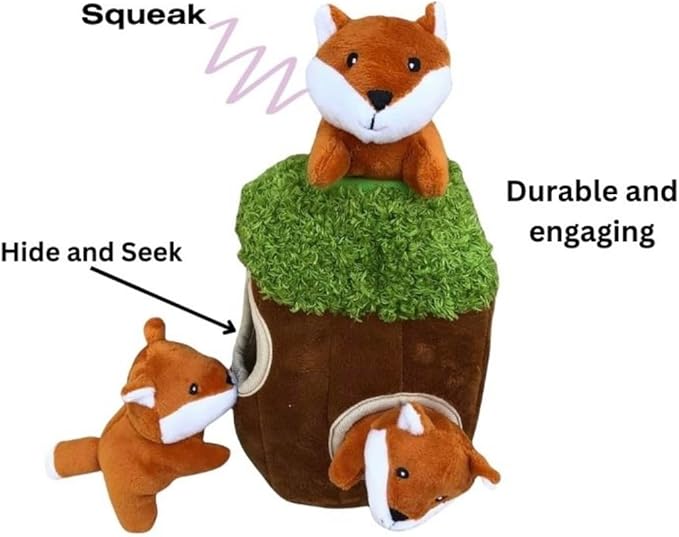 Glow Pups Hide and Seek Dog Toy, Plush Fox Inside Trunk, Squeaky Interactive Burrow Toy for Mental Stimulation, Durable & Engaging, Woodland Style, Small, 3 Animals