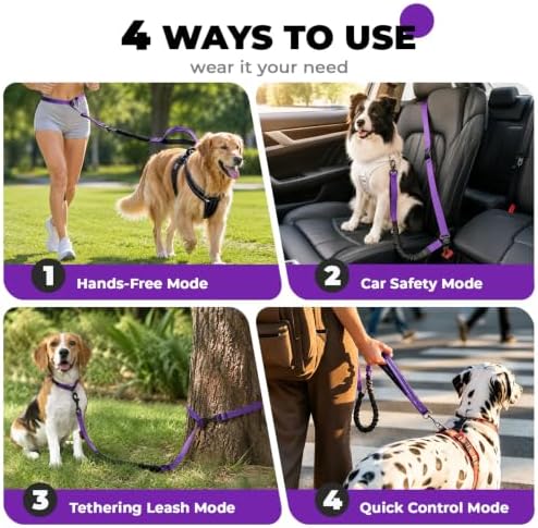 PETCARE 4 in 1 Hands Free Dog Leash with Car Seatbelt Buckle, Shock Absorbing Bungee Dog Waist Leash Belt for Running Walking Hiking, Dual Handles & Reflective, Adjustable for Small Medium Large Dogs - Image 3
