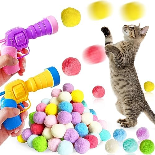 2 Cat Toy Launchers & 100 Cat Pom Pom Balls,Interactive Cat Toys by Eerrhhaq
