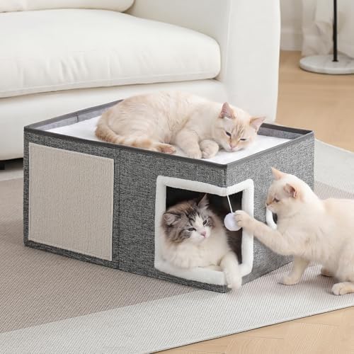 Extra-Wide Cat Houses for Indoor Cats, Large Cat Cave Bed with Fluffy Ball and Scratch Pad, Foldable Covered Kitten Bed for Multiple Cats, 23.6x16x13 inches, Grey by Unknown
