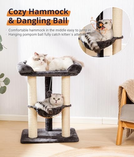 Happi N Pets 28" Cat Tree, Large Bed for Big Cats, Small Cat Tower with Soft Perch for Window Viewing, Stable Cat Tree Tower, Cat Scratching Post with Hammock, Removable Cover-Gray - Image 6