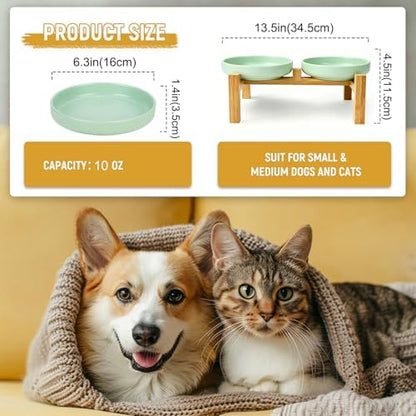 Shallow Elevated Cat Bowls with Bamboo Stand, 6.1 Inch Wide Ceramic Cat Dish Whisker Friendly, 2 Pack Pet Food and Water Plates - Image 2