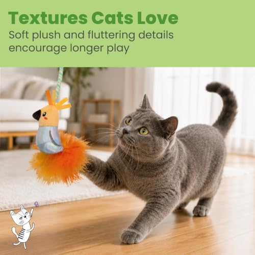 Catstages Flutter Frenzy Prey Wand Set Cat Toy for Cats & Kittens, 2 Interchangeable Attachments, Prey-Like Tail & Plush Bird on Stretchy Cord - Image 5