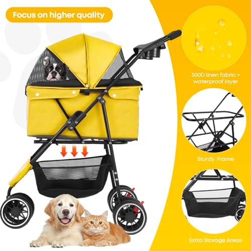 Pet Stroller,Dog Stroller for Small Medium Dogs Cats,3 Wheels,Yellow - Image 3
