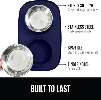 GORILLA GRIP Feeding Mat Bowl Set, 100% Waterproof BPA Free Silicone, 304 Stainless Steel Cat and Dog Bowls for Food and Water, Slip Resistant, High Edge, US Designed, Patent Pending, 2 Cup Navy Blue