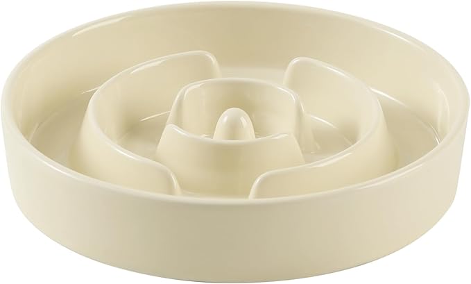 Ceramic 1.2 Cup Slow Feeder Dog Bowl for Medium and Small Breed, 7.3inch Puzzle Dog Food Dish, Anti-Gulping, Stop Bloat, Preventing Choking (Single Bowl-Light Yellow)