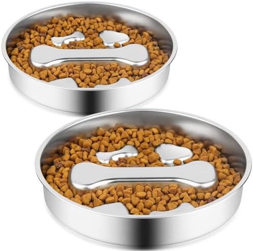Stainless Steel Slow Feeder Dog Bowls,2 Pcs Slow Food Bowl for Dog & Cat - 2 Cups Capacity,Bone-Shaped Design Pet Food Holder,Metal Non-Slip Lick Plate,Puzzle Maze Dish for Small & Medium Sized Breeds by Dyienocs