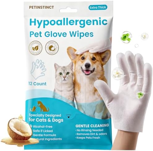 Pet Glove Wipes for Dogs & Cats, No-Rinse Bath Wipes by Petinstinct