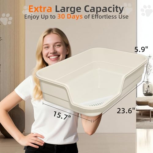 Extra Large Litter Box with Low Entry,Jumbo Cat Litter Box for Kitty and Senior Cats,Cat Box for Indoor Cats,Open Top Corner Litter Pan,Easy to Clean,23.6" L x 15.7" W x 5.9" H (Grey) - Image 3