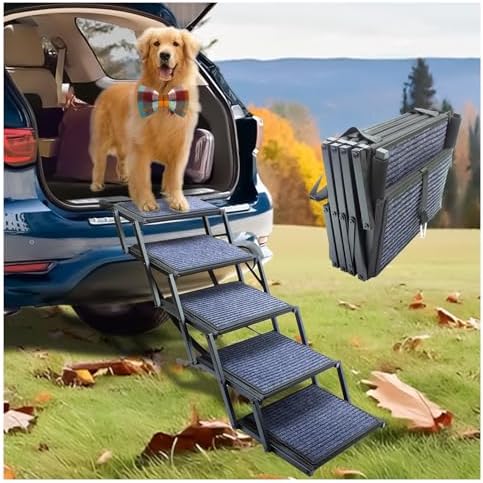 Dog Ramp for Car Truck and SUV Dog Stairs for Large Dogs Folding Pet Stairs with Non-Slip Rug Surface Supports Up to 250 lbs (5 Steps) by SHUNLONG