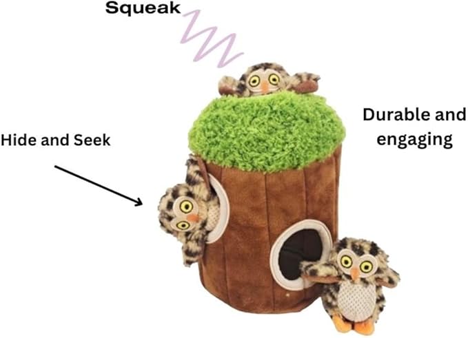 Glow Pups Dog Hide and Seek Toy, Interactive Burrow Dog Toy with Squeaker, Plush Owl in Tree for Small Dogs, Promotes Mental Stimulation, Woodland Style, Brown, 3-Pack