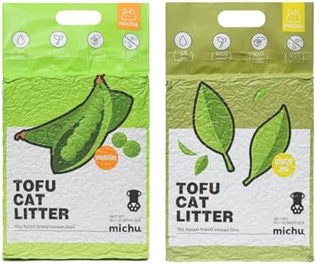 Michu Tofu Cat Litter Natural Clumping Tofu Cat Litter, Fast Clumping and Easily Scoop-able 5.5lb/88oz 5 Scents - Original + Greentea, 2 Pack by Michupet