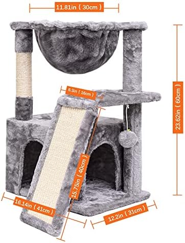 SYANDLVY Cat Tree for Indoor Cats Large Adult, Modern Activity Tower with Scratching Posts & Board, Condo with Plush Perch, Climbing Stand with Cradle & Hanging Ball for Play, Light Grey - Image 3