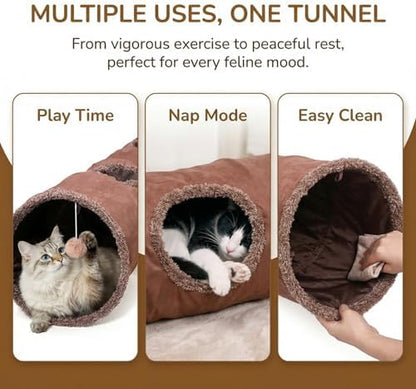 ZENFUN 51"x 12" Collasiple Cat Play Tunnel, Cats Tubes and Tunnels, Cat Foldable Hide and Seek Tunnel Toy, Brown Suede Pet Tube Toy for Rabbits, Ferrets, Puppy, Diameter 12 Inch - Image 4