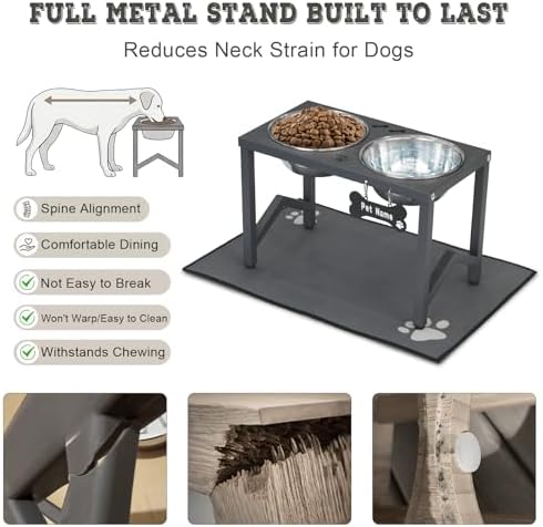 Elevated Dog Bowls, Metal Raised Dog Bowl Stand with 2 Thick 58oz Stainless Steel Food Bowls & Non-Slip Mat - 11.8" Tall for Medium/Large Breeds(Grey) - Image 4