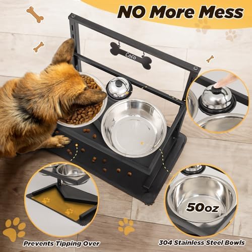 Grand Line Elevated Dog Bowls - 7 Height Adjustable, 10 Tilted Raised Stand With Spill Proof Mat, Two 1.5L Stainless Steel Food Water Bowls for Large Medium Small Dogs (15.4" H) - Image 4