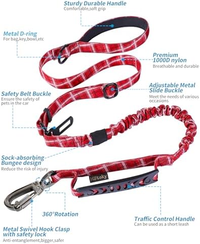 Hotsky Tactical Bungee Shock Absorbing No Pull Dog Leash,Red Plaid,4-6FT - Image 2