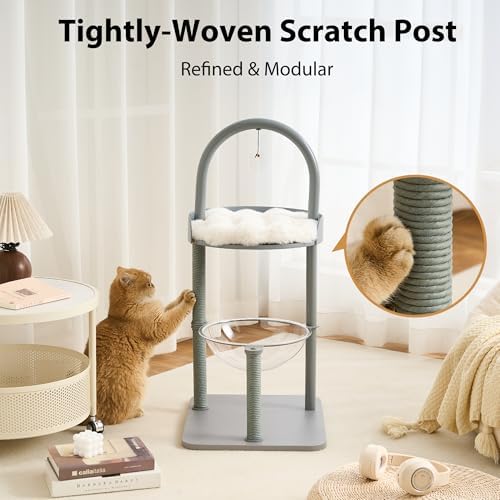 34" Modern Cat Tree Furniture for Indoor Small & Medium Cats, Minimalist Cat Tower with Scratching Posts, Wood Platforms, Capsule Perch, Stable Steel Frame & Washable Cushion, Dove Gray - Image 4