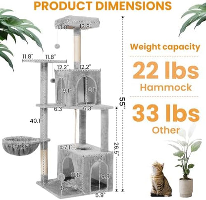 Cat Tree, 54-Inch Cat Tower for Indoor Cats,Plush Multi-Level Cat Condo with Scratching Posts, Basket, Perches, Caves, Pompoms(Light Gray) - Image 2