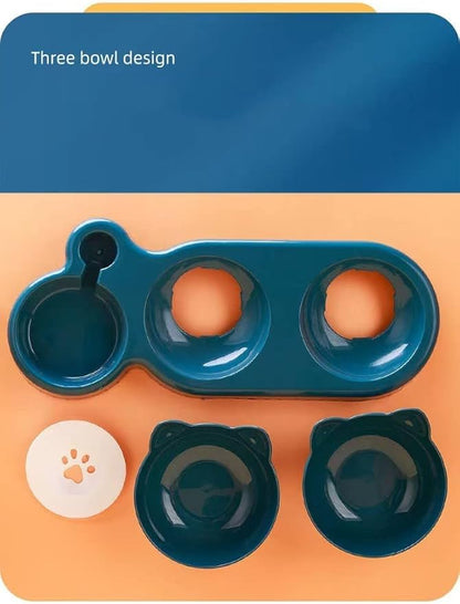 Triple Cat Bowls for Food and Water, Plastic Raised Cat Dishes, Automatic Water Bottle 3 in 1 Pet Bowls 2 Food Bowls and Water Feeder Set Wet Dry Food Bowl Set for Cats Puppy Small Dogs (Grey)