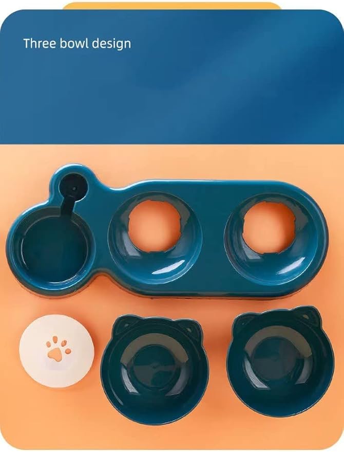 Triple Cat Bowls for Food and Water, Plastic Raised Cat Dishes, Automatic Water Bottle 3 in 1 Pet Bowls 2 Food Bowls and Water Feeder Set Wet Dry Food Bowl Set for Cats Puppy Small Dogs (Navy Blue)