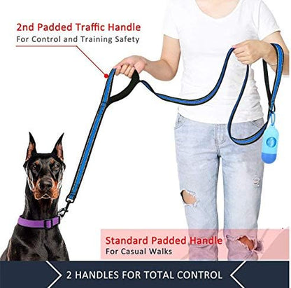 JSXD Heavy Duty Double Handle Dog Leash - 5 FT with Comfortable Padded and Reflective Rope, Suitable for Small, Medium, Large Dogs (Wide-Blue) - Image 2