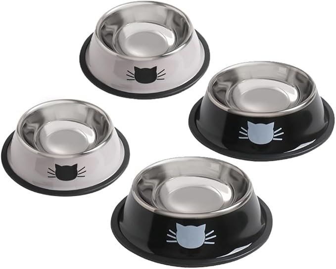 Cat Bowls for Food and Water,4PCS Rapsrk Non-Slip Stainless Steel Small Food Bowls 8 Oz Pet Bowl with Removable Rubber Base Dog Bowl,Stackable Cat Puppy Dishes Bowls with Cute Cats Painted
