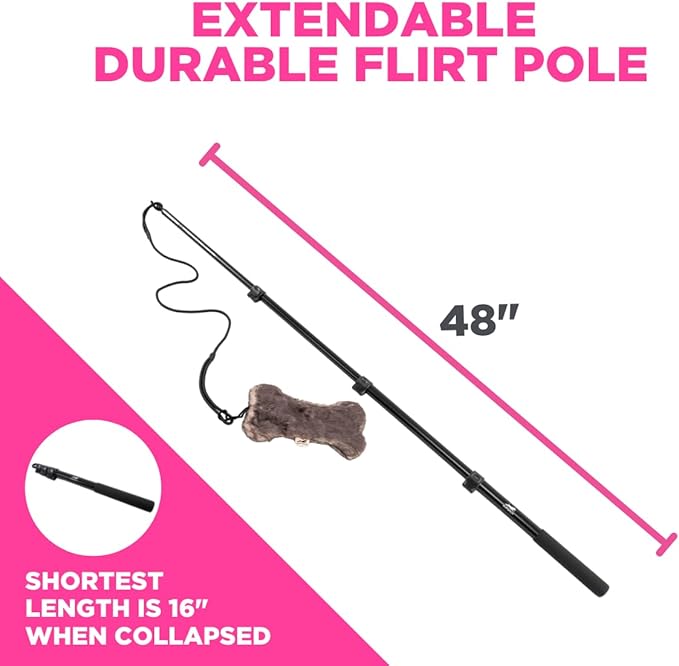 SwiftPaws Flirt Pole Toy - For Dogs - Extendable to 48” and Collapsible to 16” - All Aluminum + Paracord Line - Provides Exercise and Stimulation - For Playful Enrichment - Includes Durable Bone Flag