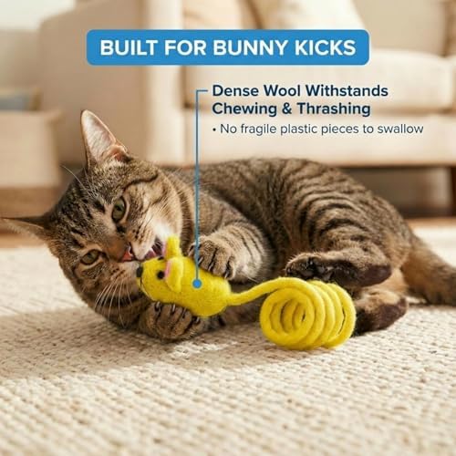 Glaciart One Felt Mouse Cat Toy – Soft Fuzzy Enrichment 100% Natural Wool - Interactive Catnip Play Cat Toy Set - Safe for Pets, Non-AZO Colored Dyes - 42” Long - Image 5