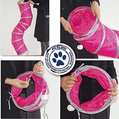PetLike S Way Cat Tunnel Collapsible Pop-up Pet Tube Hideaway Play Toy with Ball (S-Way, Rose Red) - Image 5