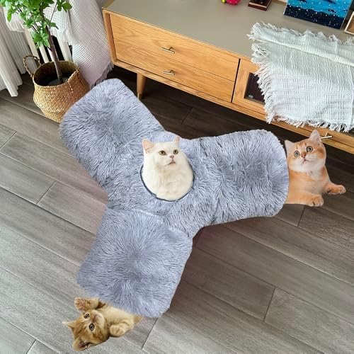 3-Way Collapsible Cat Tunnel Tube Toy Grey Plush - Image 5