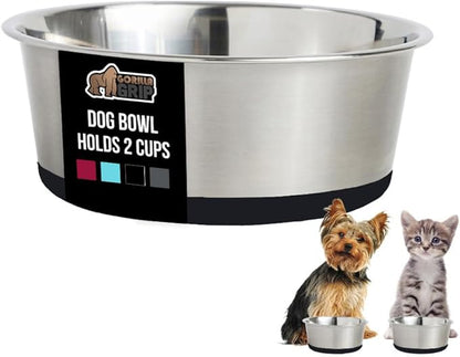 GORILLA GRIP Dog Bowl, Holds 2 Cups (16 fl oz), Food Grade 304 Stainless Steel Food and Water Bowl for Feeding Dogs and Cats, BPA Free Rubber Base, Easy Clean, Dishwasher Safe, Rust Resistant, Black