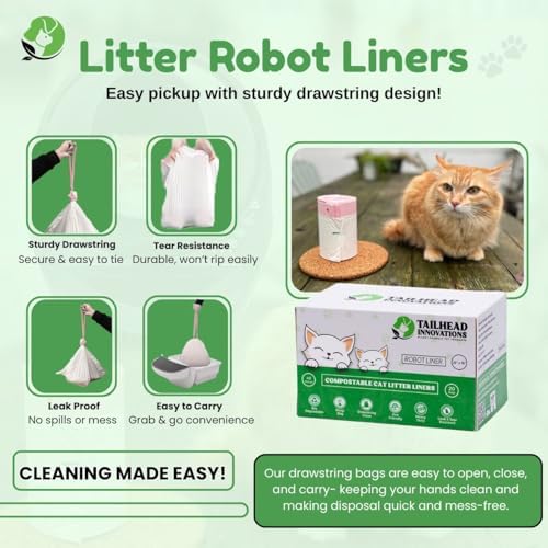 Tailhead Robot Liners – 100% Compostable - Compatible With Litter Robot 3/4 – 25" x 16" – Drawstring Close – Scent & Toxins Free – 40 Micron - Rip & Tear Resistant – 20 Count - Image 5