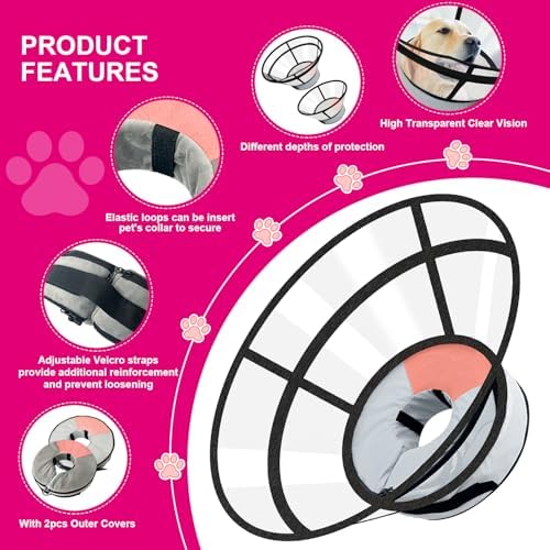 Sponge Core Dog Cat Cone Collar for After Surgery Recovery, Inflatable Dog Cone Alternative, Lainergie Dogs Donut Collar Adjustable with 2PCS Cover for Large Medium Small Dogs Cats (Grey+Pink, M) - Image 6