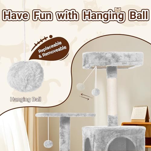 54-Inch Cat Tree Tower with 2 Caves & 2 Pompoms - Multi-Level Tower for Indoor Cats, Soft Plush Condo with Scratching Posts - Sturdy Base for Large Cats (Light Grey01) - Image 6