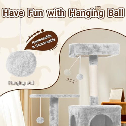 54-Inch Cat Tree Tower with 2 Caves & 2 Pompoms - Multi-Level Tower for Indoor Cats, Soft Plush Condo with Scratching Posts - Sturdy Base for Large Cats (Light Grey01) - Image 6