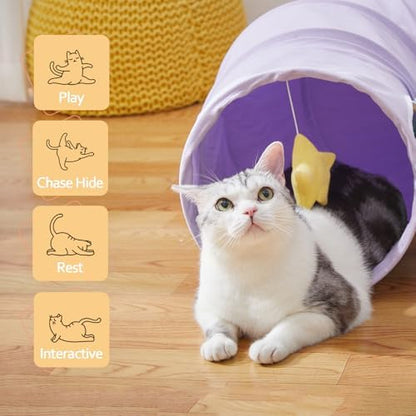 Cat Tunnel, Large Indoor Durable Collapsible Interactive Cat Tube with Peek-A-Boo Hole, Hanging Toys, and Crinkly Paper Lining - Cute Tunnel for Cats, Kittens, Puppies & Rabbits, Purple - Image 4