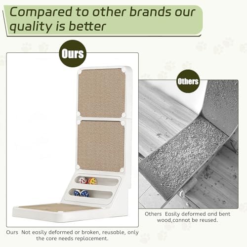 Cat Scratcher Cat Scratch Pad L Shape Wall Mounted Dual Use (Vert/Horiz) Kitten Bunifa Scratching Card Board Vertical Post with Ball Toys Feathers,Protecting Furniture Core is Replaceable Large White - Image 6