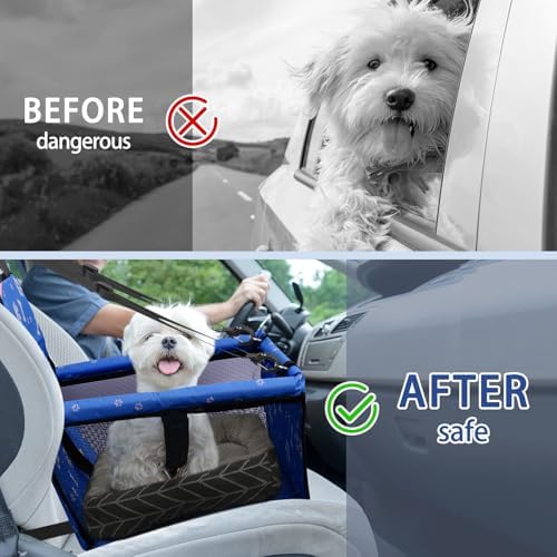 Dog Car Seat Foldable Dog Car Booster Seat Waterproof Breathable Oxford Travel Bag for Small to Medium Dogs, Puppies, and Pets-Pattern Blue+Mat - Image 6