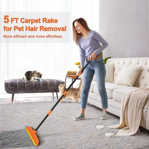 Carpet Rake for Pet Hair Removal, 5FT Reusable Pet Hair Removal Tool with Adjustable Handle, 3 in 1 Lint Remover Dog Cat Fur Remover Broom for Rugs, Mats, Beds, Stairs, Couch - Image 2