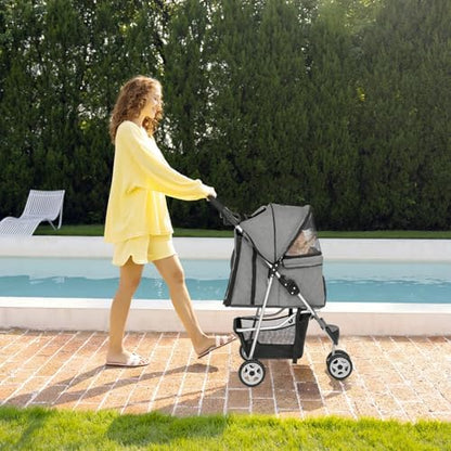 FDW 3 Wheels Pet Stroller Folding Dog Cat Jogger Stroller with Storage Basket &Cup Holder Portable Lightweight Travel Carrier, Grey - Image 2