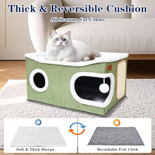 Extra Large Cat Beds for Indoor Cats, Covered Cat Cave Beds & Furniture with Scratch Pad and Fluffy Ball, Foldable Condo Hideaway with Reversible Cushion for Multi Small Pet Large Kittens, Green - Image 5