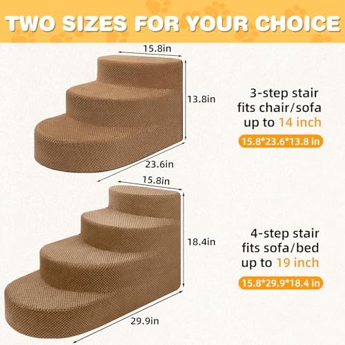 Dog Stairs 3 Steps Foam Pet Ramp for Small Dogs Cats, Khaki - Image 2