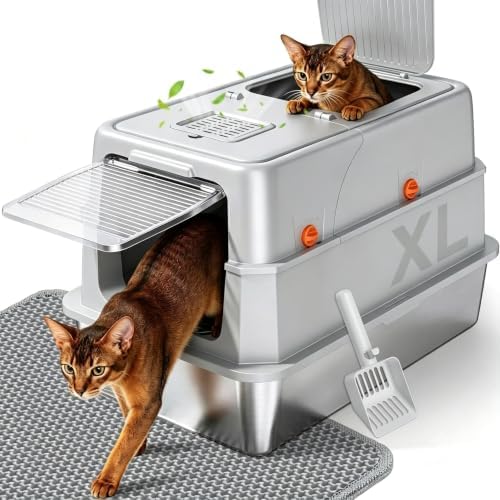 XL Enclosed Stainless Steel Litter Box with Lid, Light Gray by KISENG