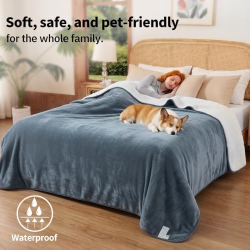 Sunheir Waterproof Blanket for King Size Bed, 108"x86" Reversible Soft Sherpa Fleece Flannel Throw, Leakproof Spill-Proof Dog Pet Blanket, Furniture & Sofa Protector, Camping, Travel, Grey - Image 4