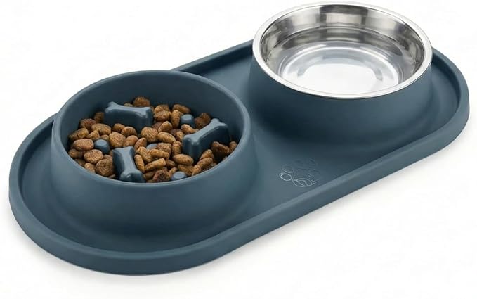 Slow Feeder Dog Bowls, 2-in-1 Dog Slow Feeder Bowl with Stainless Steel Water Bowl, Anti-Slip Non-Spill Puzzle Feeder for Dogs Cats, Bloat Prevention Set for Puppies & Large Breeds
